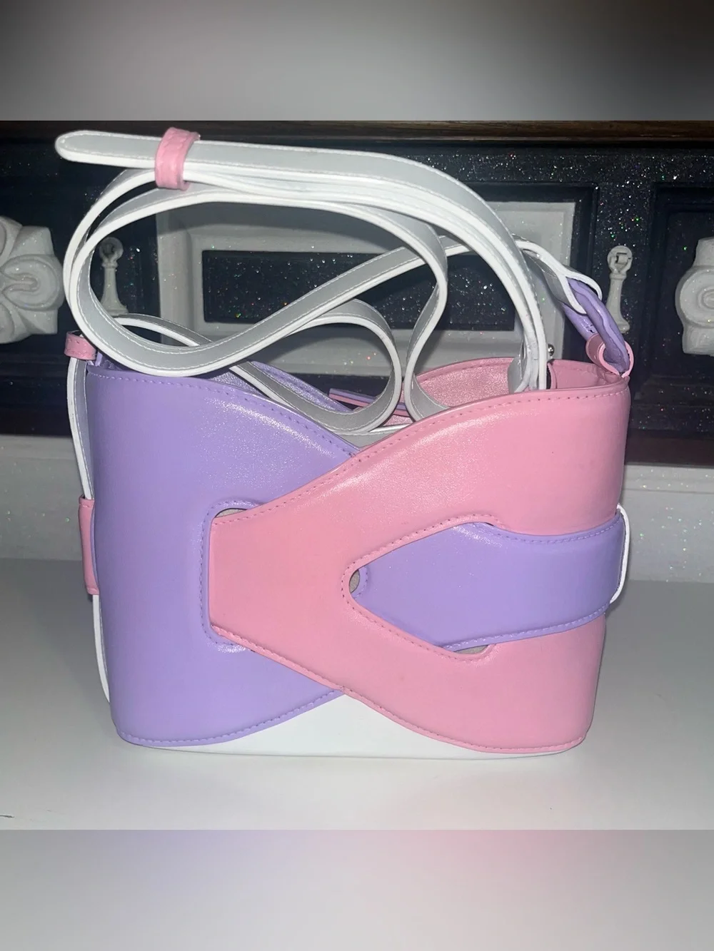 Pastel Pink & Lavender Colorblock Crossbody Bag for Women Custom Painted